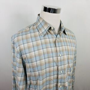 John Varvatos USA Large Casual Button Front Shirt Blue Beige Plaid 100% Cotton